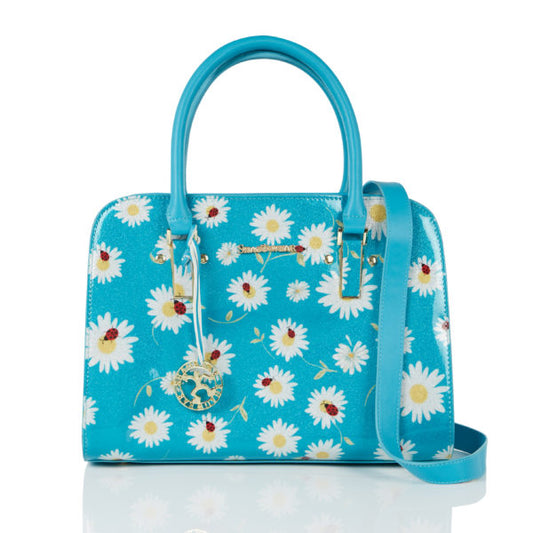 Daisies & Ladybugs - Teal Large Handbag
