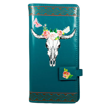 Bull Horns With Butterflies – Teal Large Wallet